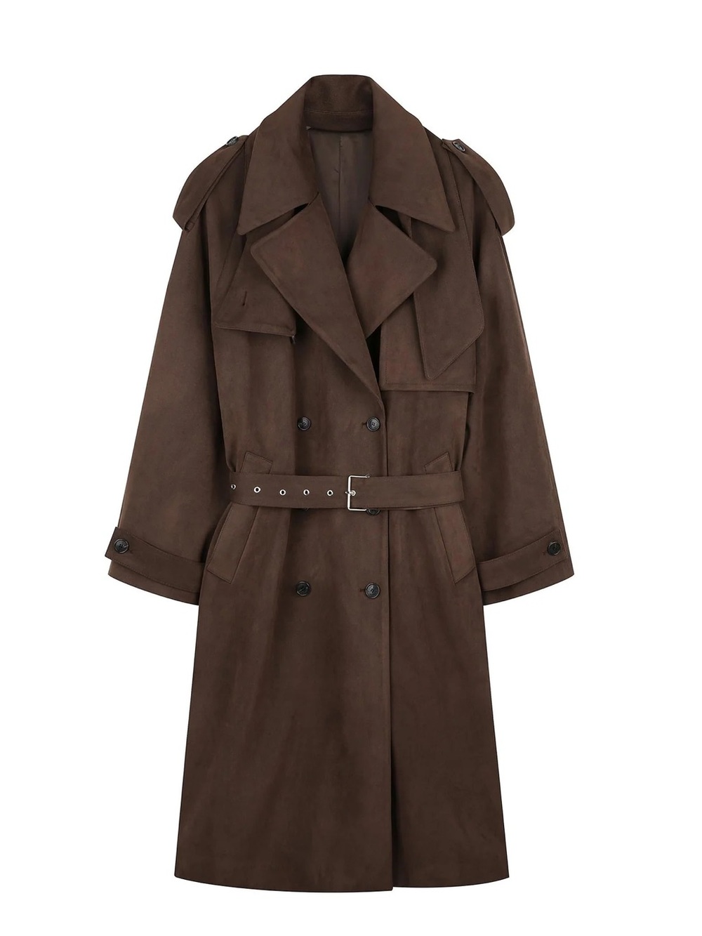 System Paris Brown Soft Suede Relaxed Fit Long Trench Coat
